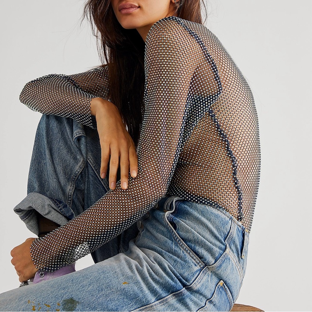 Free People Crystal Mesh Long Sleeve Black Top Shinny